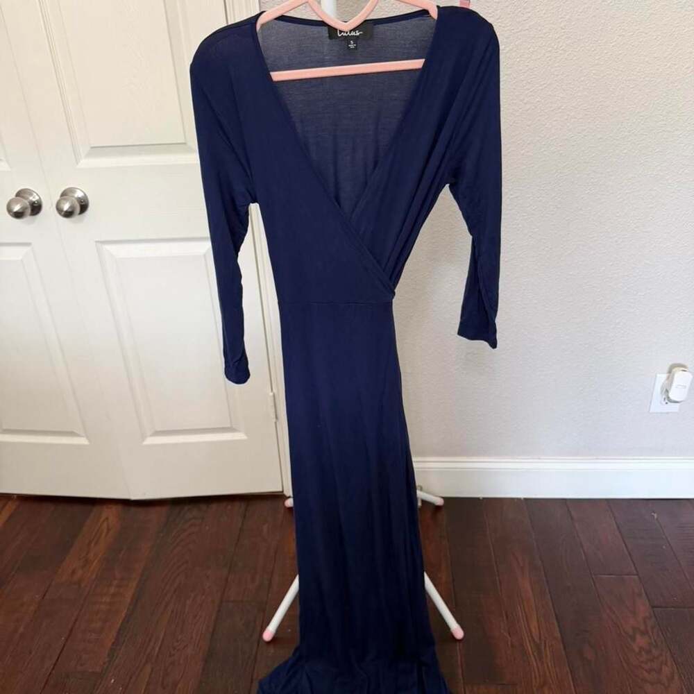 Lulus Navy Blue Long Sleeve Wrap Maxi Dress